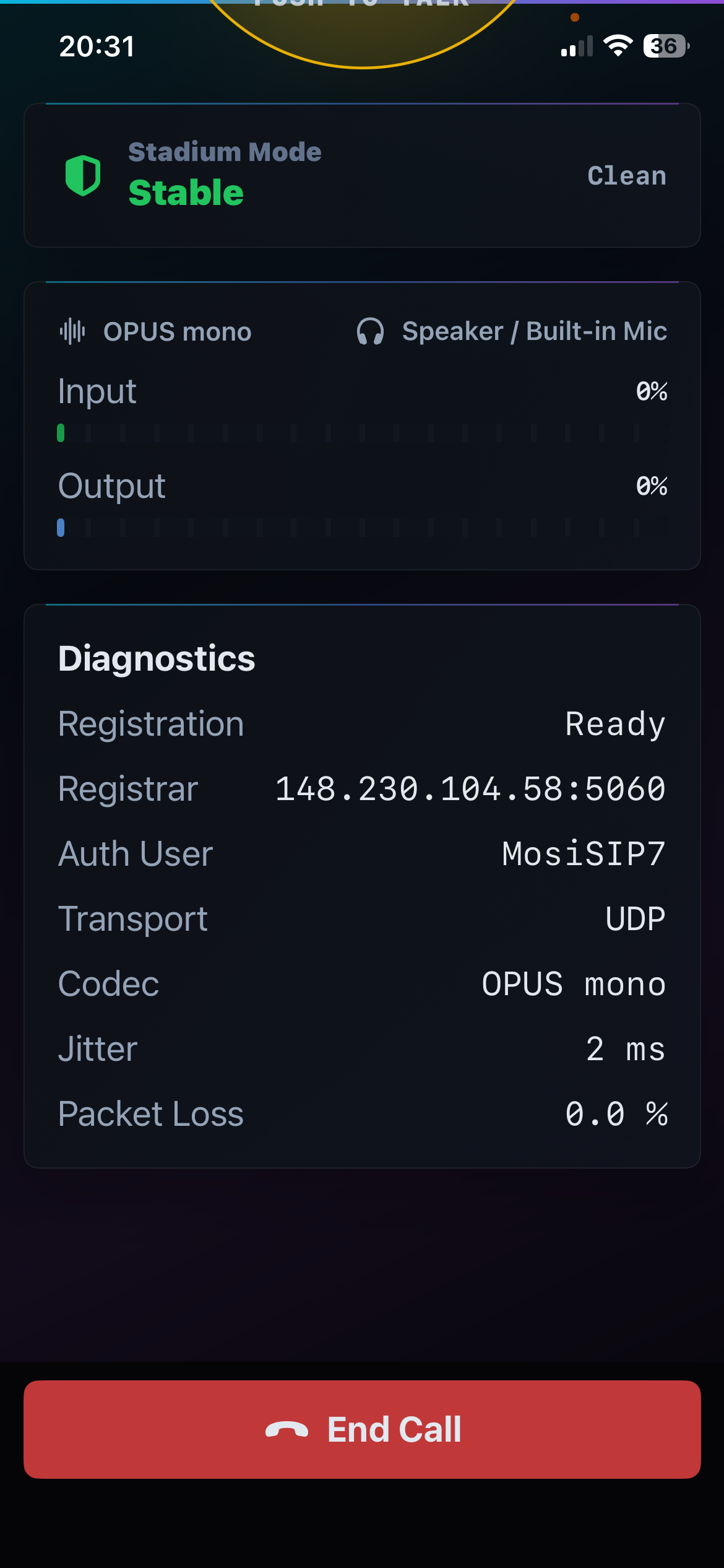 MosiSIP App — Live diagnostics